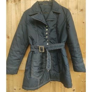 British Mist Navy Belted Fitted Snap Front Coat Vintage w wide Notch Collar M